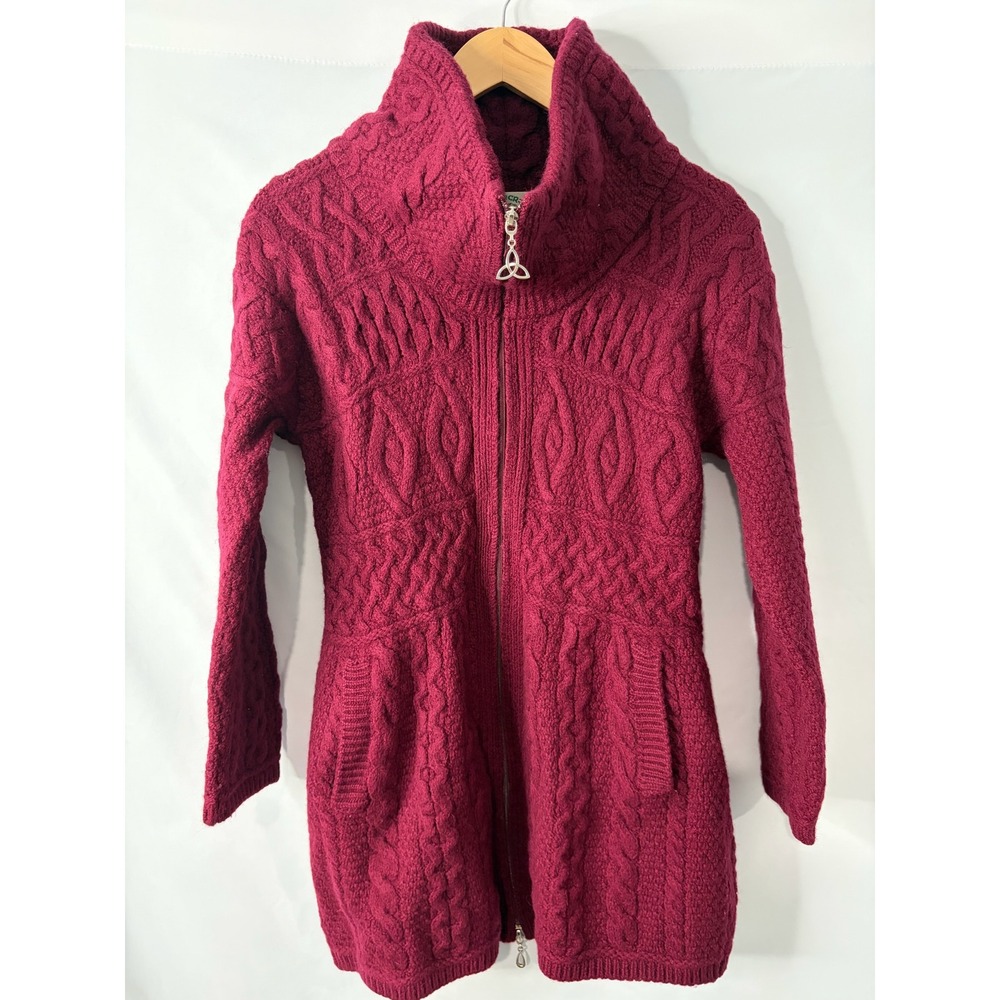 Aran Crafts Ireland 100% Merino Wool Cable Knit Zip Up Cardigan Sweater Medium